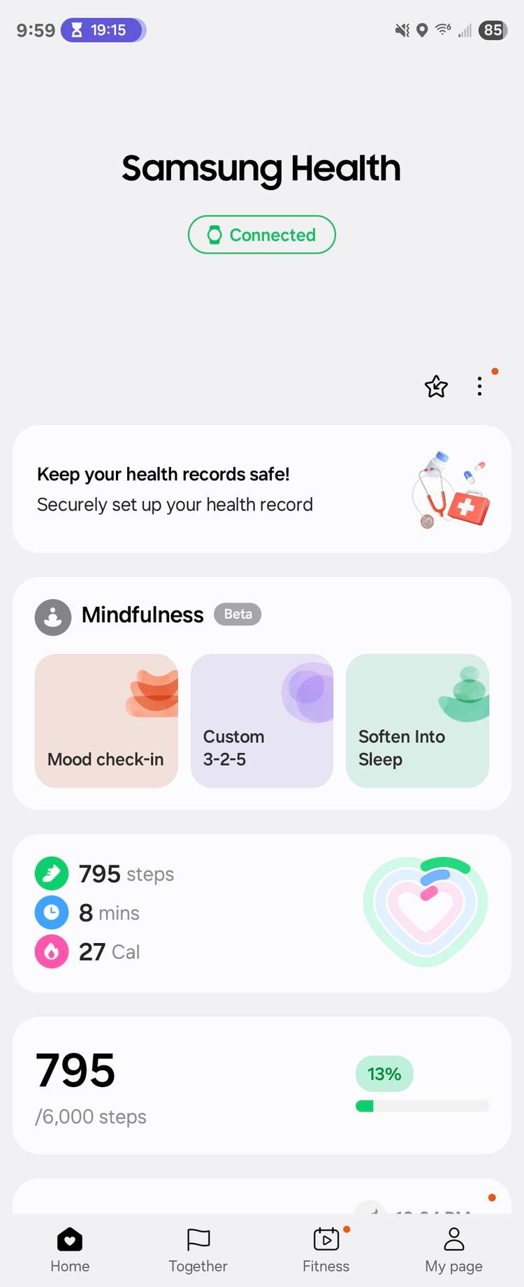 Screenshot of the Samsung Health home page with the Mindfulness, Daily activity, and Steps sections in view.