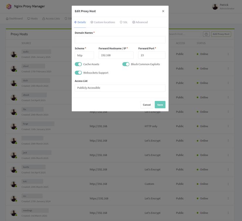 Setting up a new host in Nginx Proxy Manager's web UI.