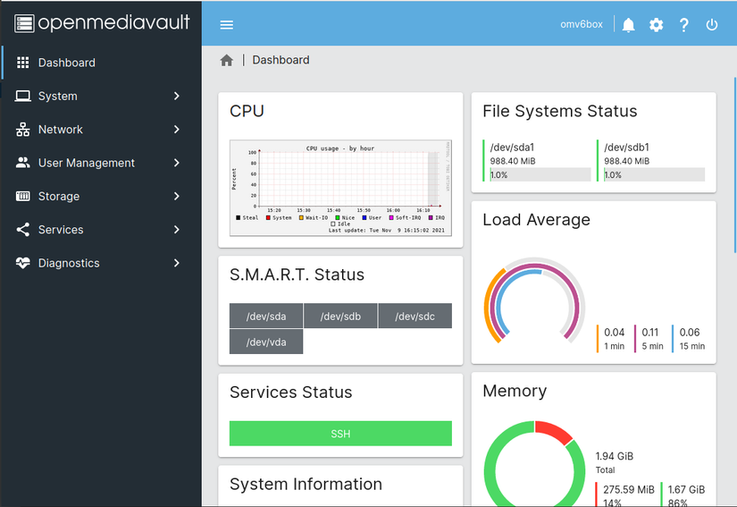 The dashboard of OpenMediaVault showing memory usage, CPU status, and more.