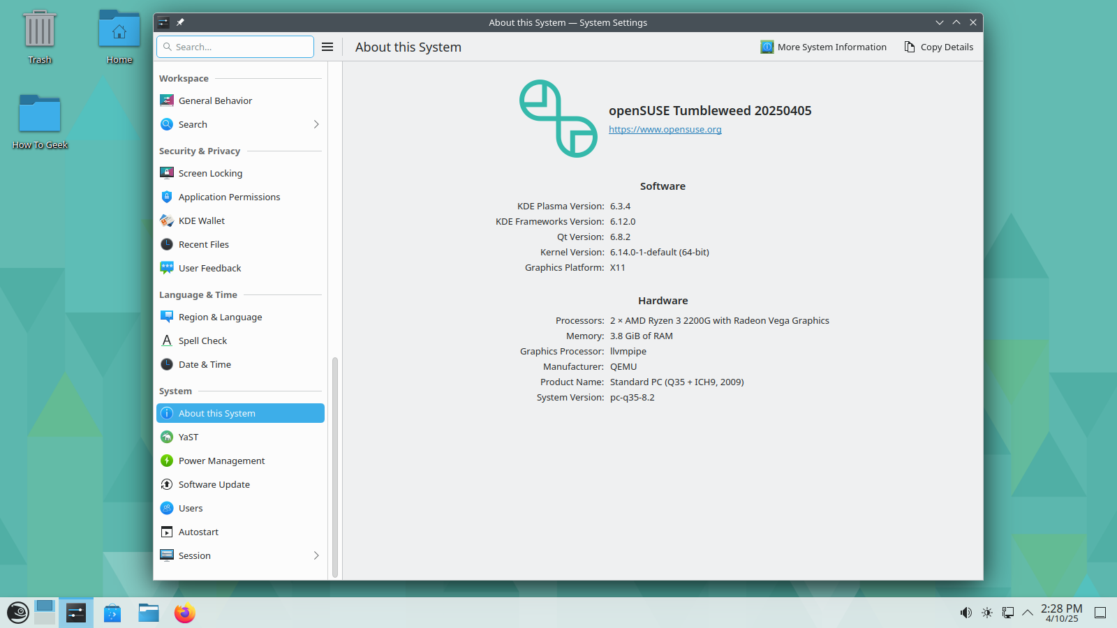 OpenSUSE Tumbleweed Settings About page.