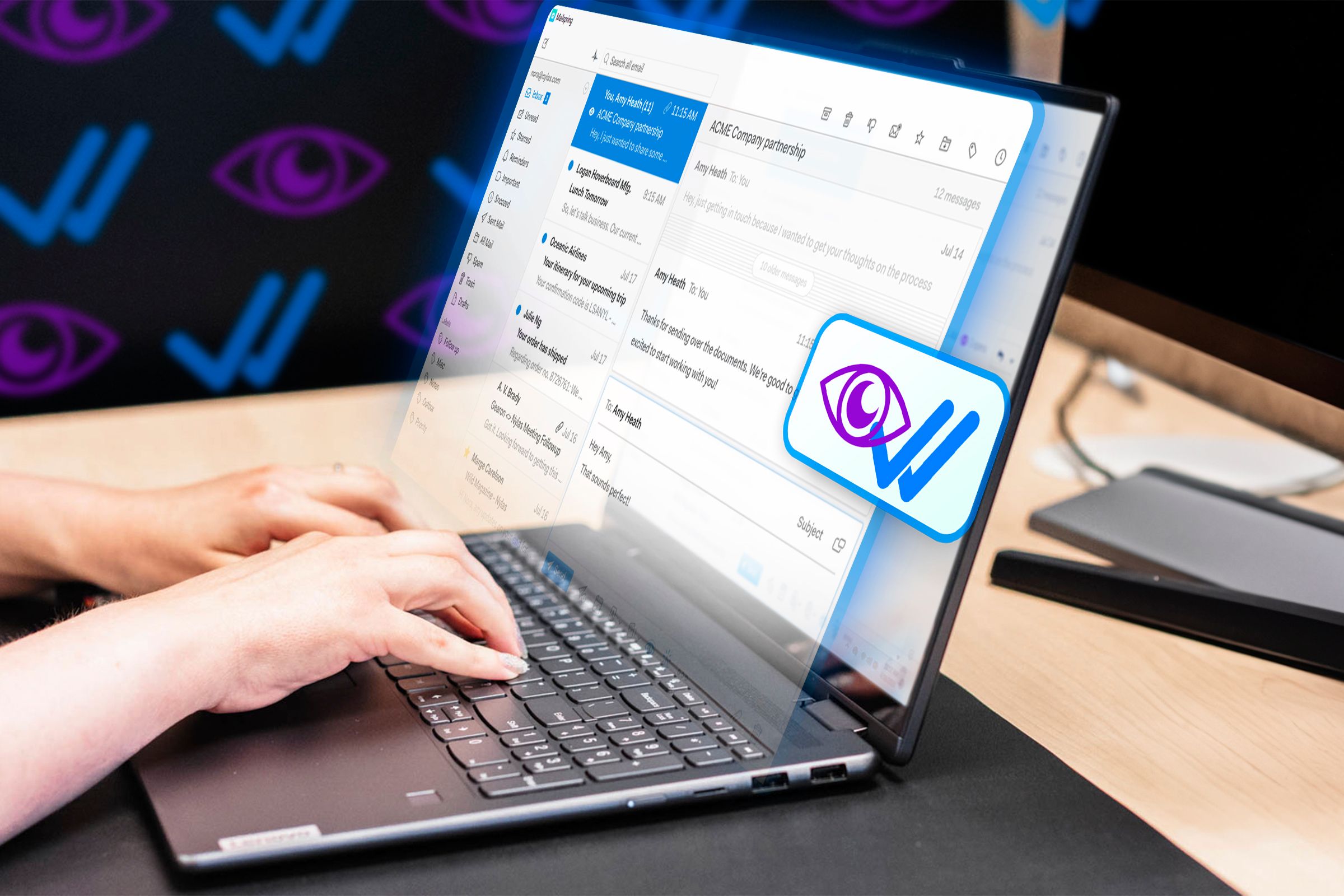 Person using a laptop with an open email and a read receipt icon.