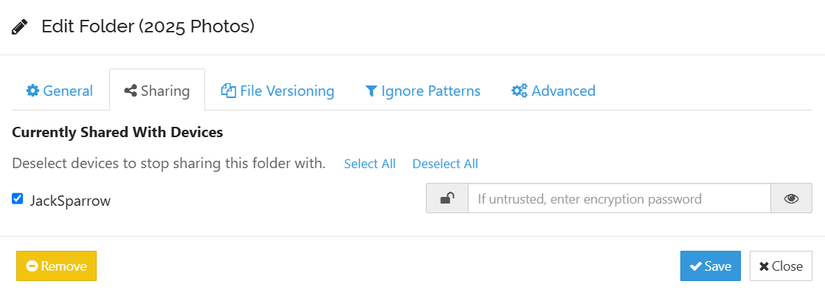 Folder sharing options in Syncthing.