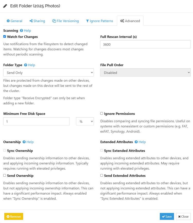 Advanced sharing settings in Syncthing.