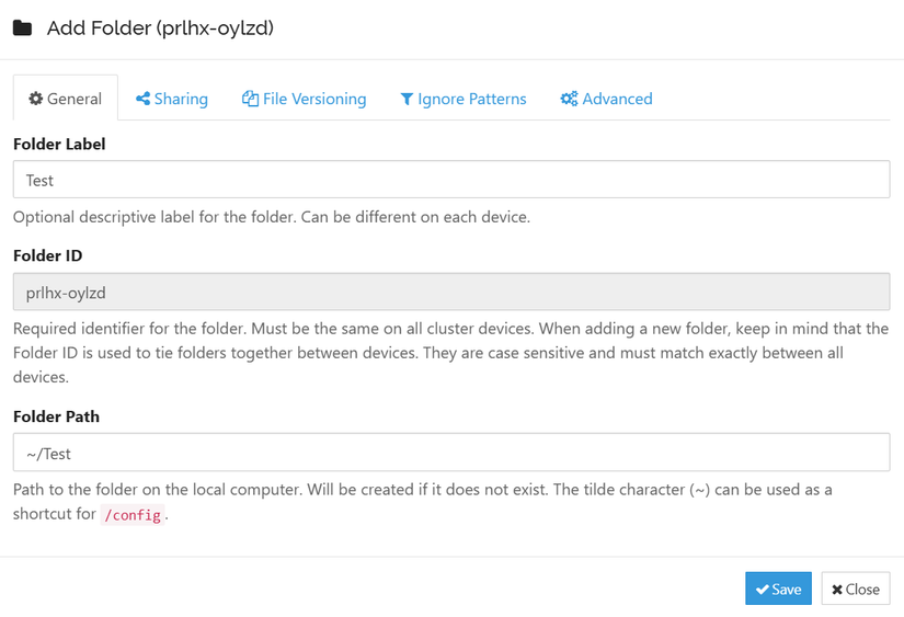 New folder popup on server with Syncthing.
