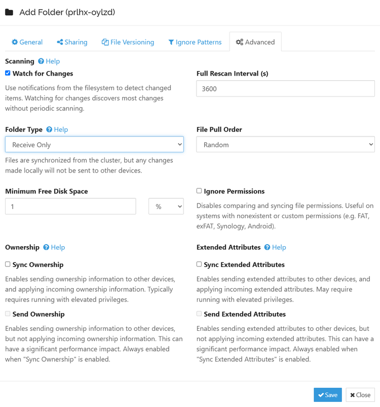 Advanced settings set to receive only for Syncthing.