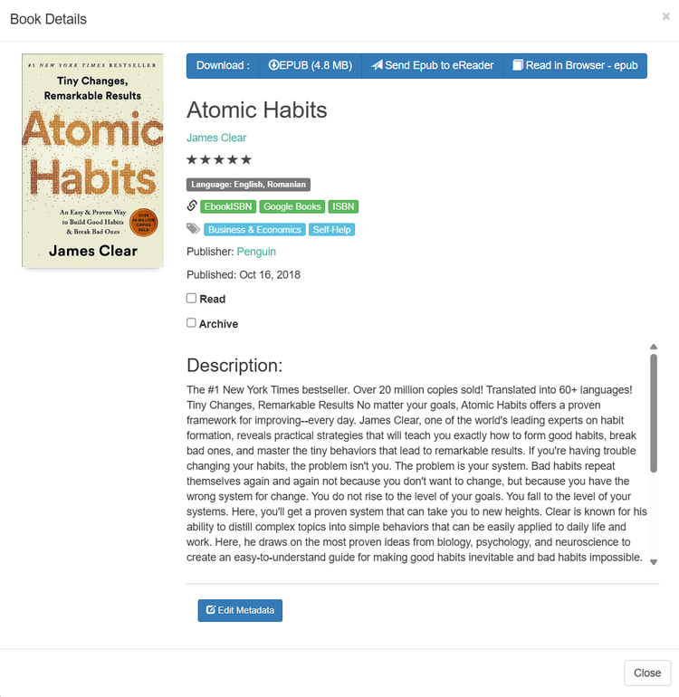 Calibre Web Send EPUB to eReader function enabled at the top.