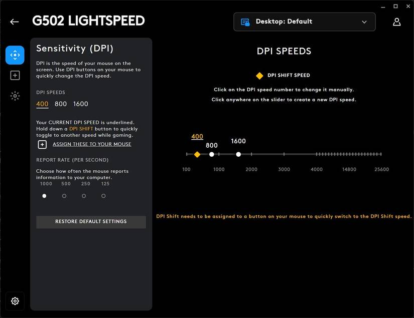 Logitech G Hub sensitivity settings screenshot