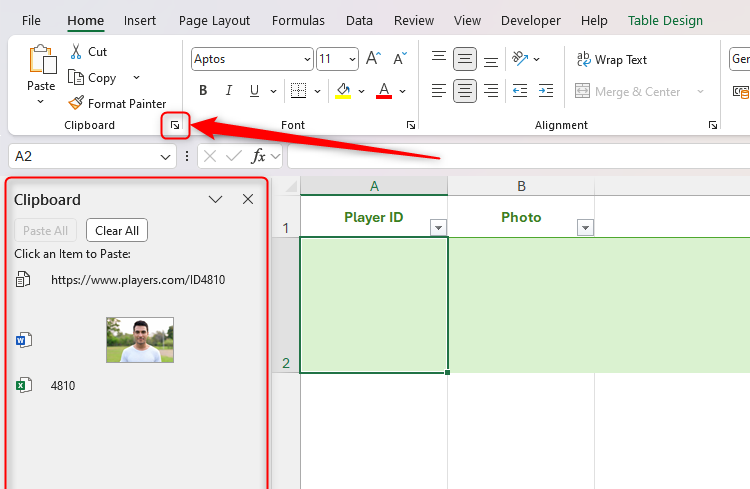 The Clipboard pane launcher icon in Excel's Home tab on the ribbon is selected, and the Clipboard pane is shown on the left-hand side of the Excel window.