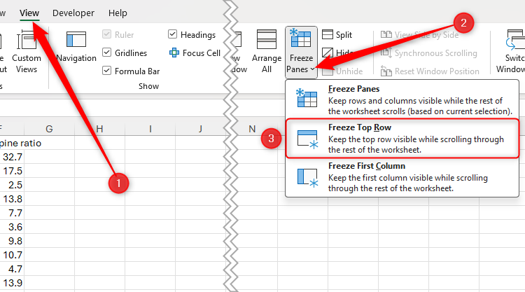 The Freeze Panes drop-down in Excel is expanded, with Freeze Top Row highlighted.