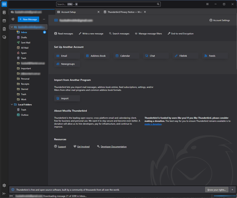 Thunderbird running on Windows showing the initial startup screen