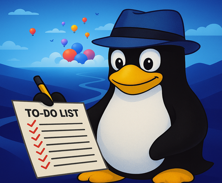 Tux wearing a blue fedora and holding a to-do list in his hand with a background of the fedora 41 wallpaper