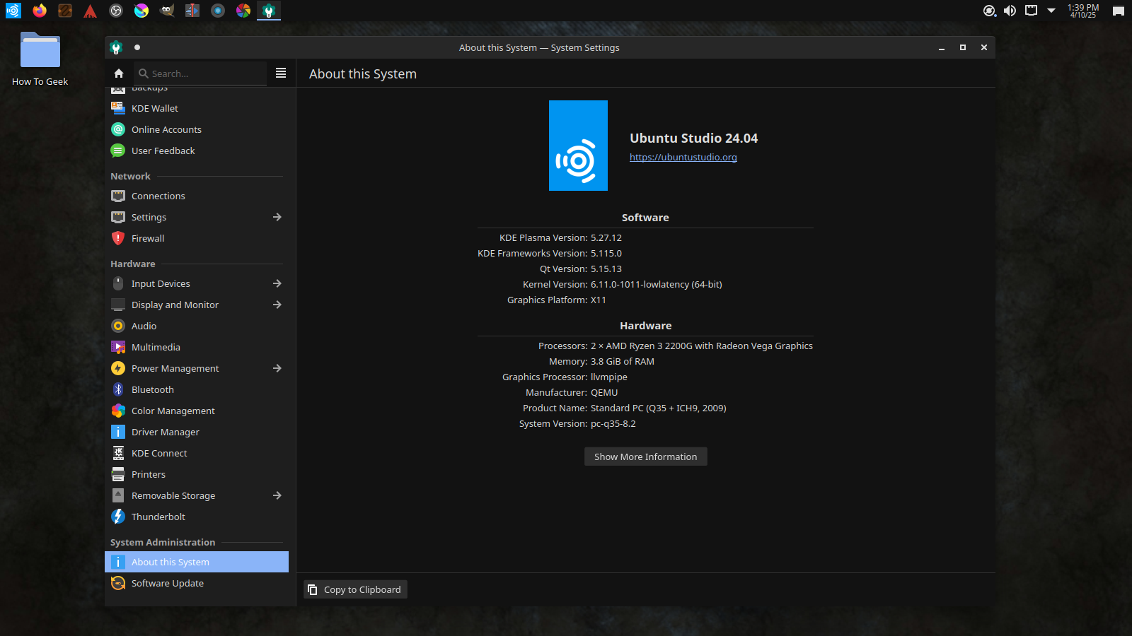 Ubuntu Studio Settings About page.
