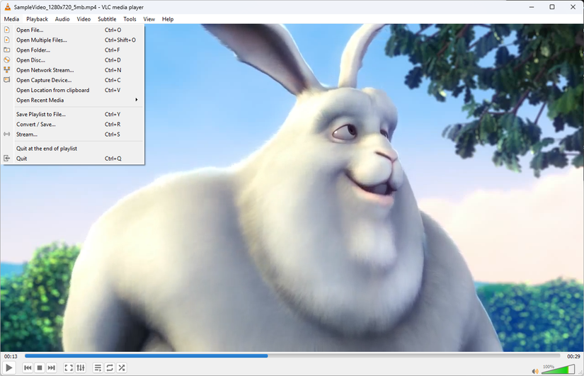 VLC running on Windows playing a sample video and showing the file menu
