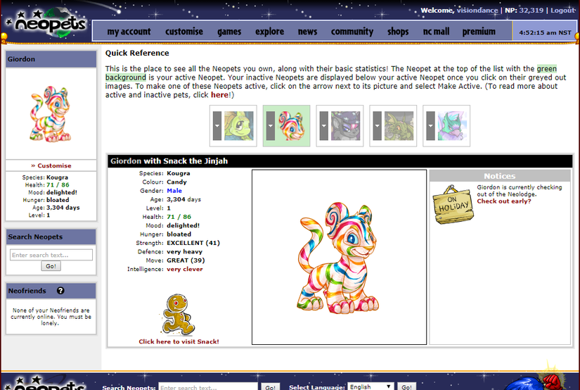 A página de status Neopets mostrando a condição dos animais de estimação do jogador.