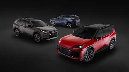 Shot of the 2026 Toyota RAV4 family in a studio with a black and gray backdrop.