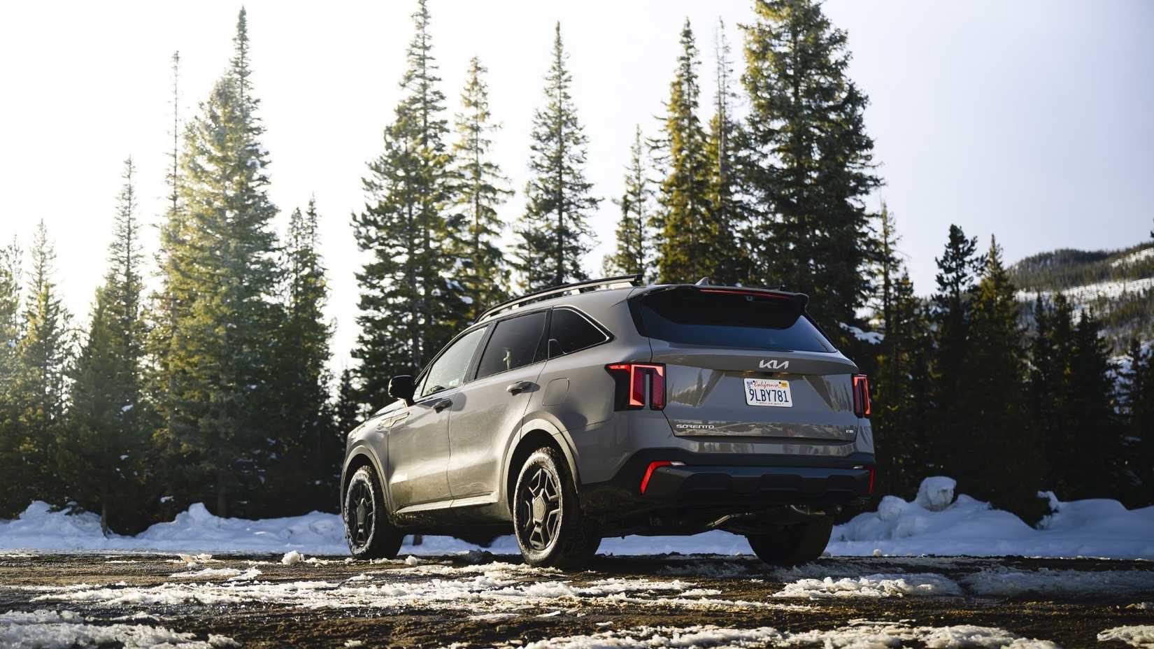 Статичный снимок заднего автомобиля Kia Sorento 2026 года выпуска в масштабе 3/4, припаркованного в снегу, на фоне деревьев.