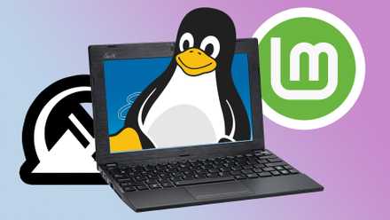 An Eee PC laptop with the Linux penguin, the Mint Linux logo, and the MX Linux logo.