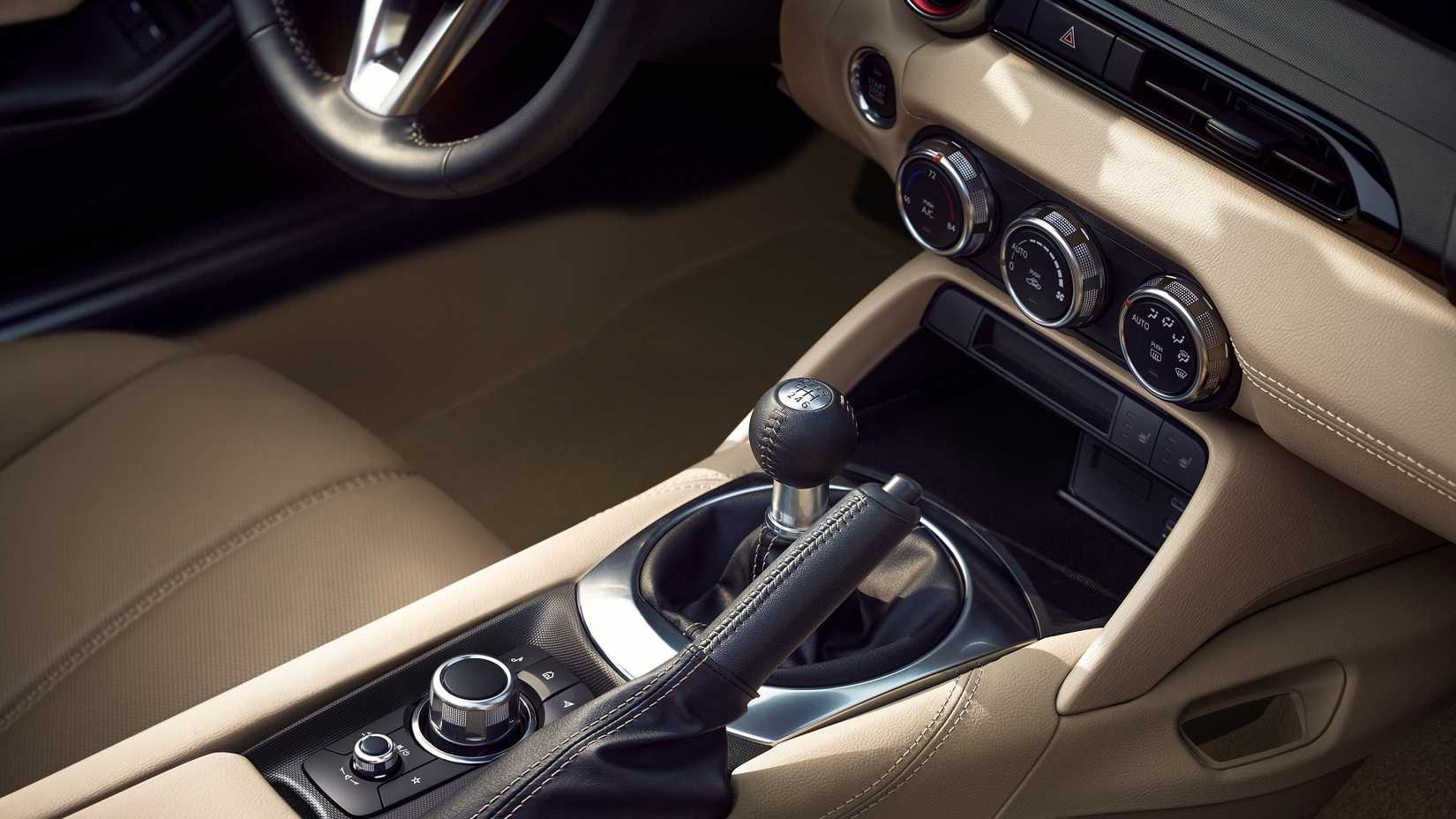 Close up of the center console in a 2025 Mazda MX-5 35th Anniversary Edition