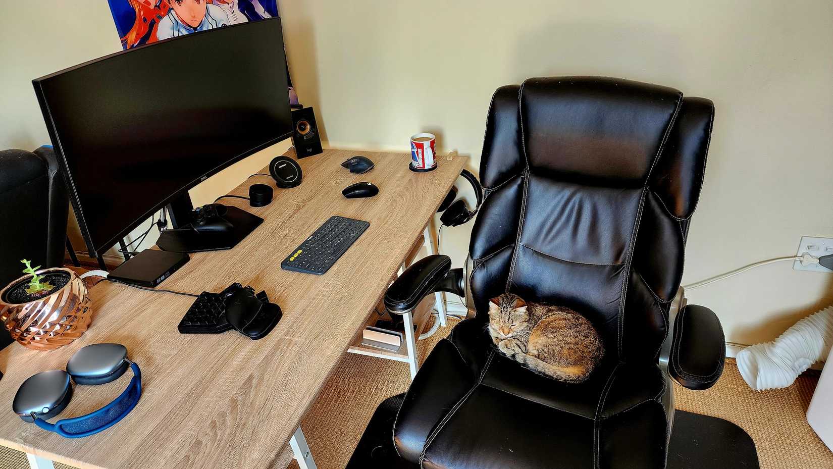 A desk with an ultrawide screen on it.
