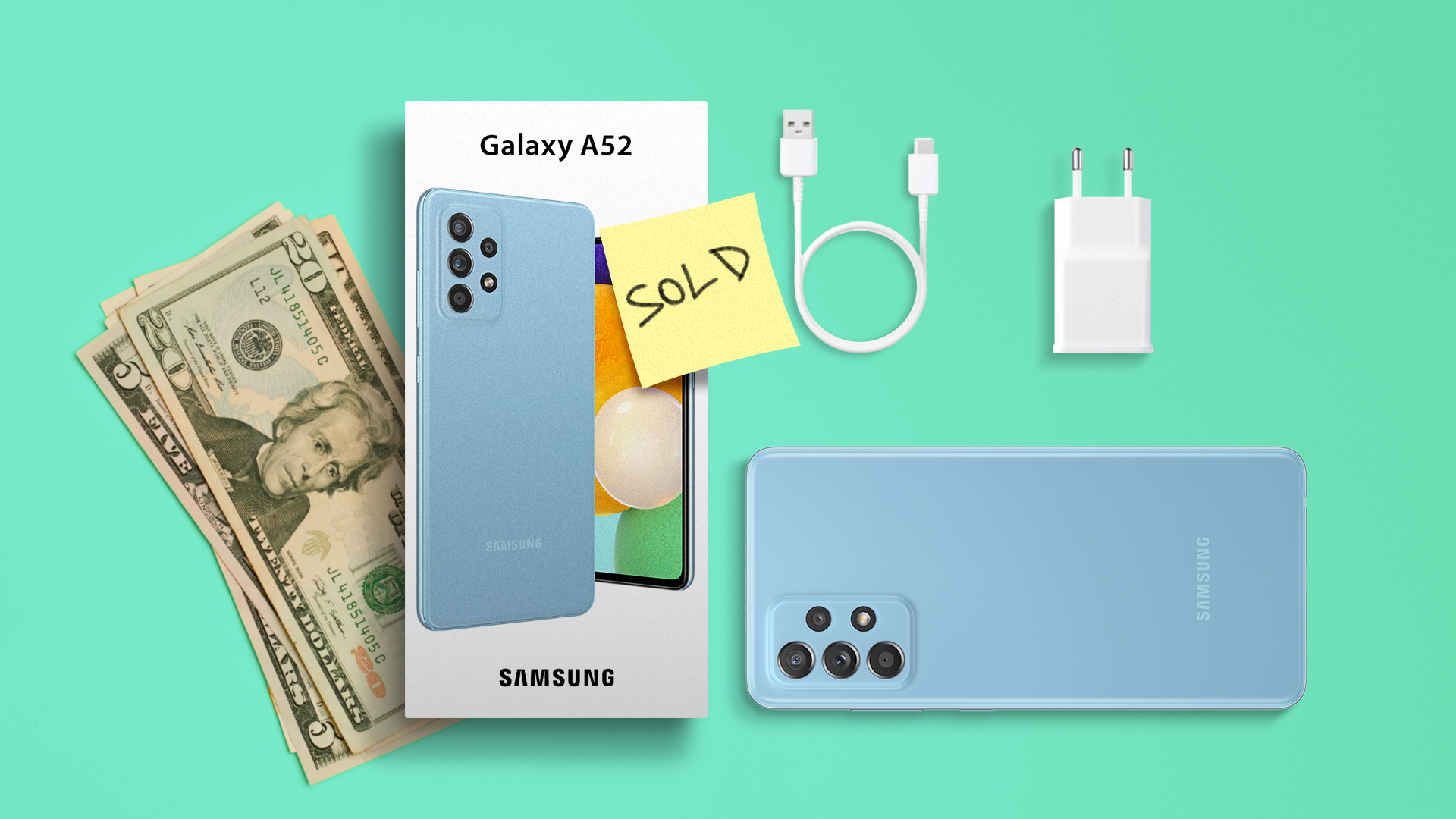 A Galaxy A52 with its accessories and box on top of some dollar bills and a post-it that says 