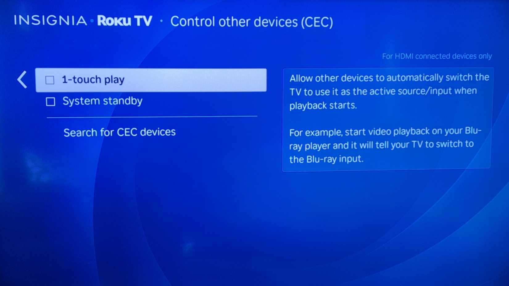 A Roku TV's HDMI-CEC settings.