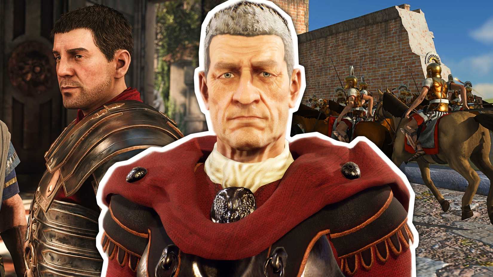 A roman leader from The Forgotten City in front of a roman from Ryse Son of Rome and the calvary from Total War Rome Remastered.