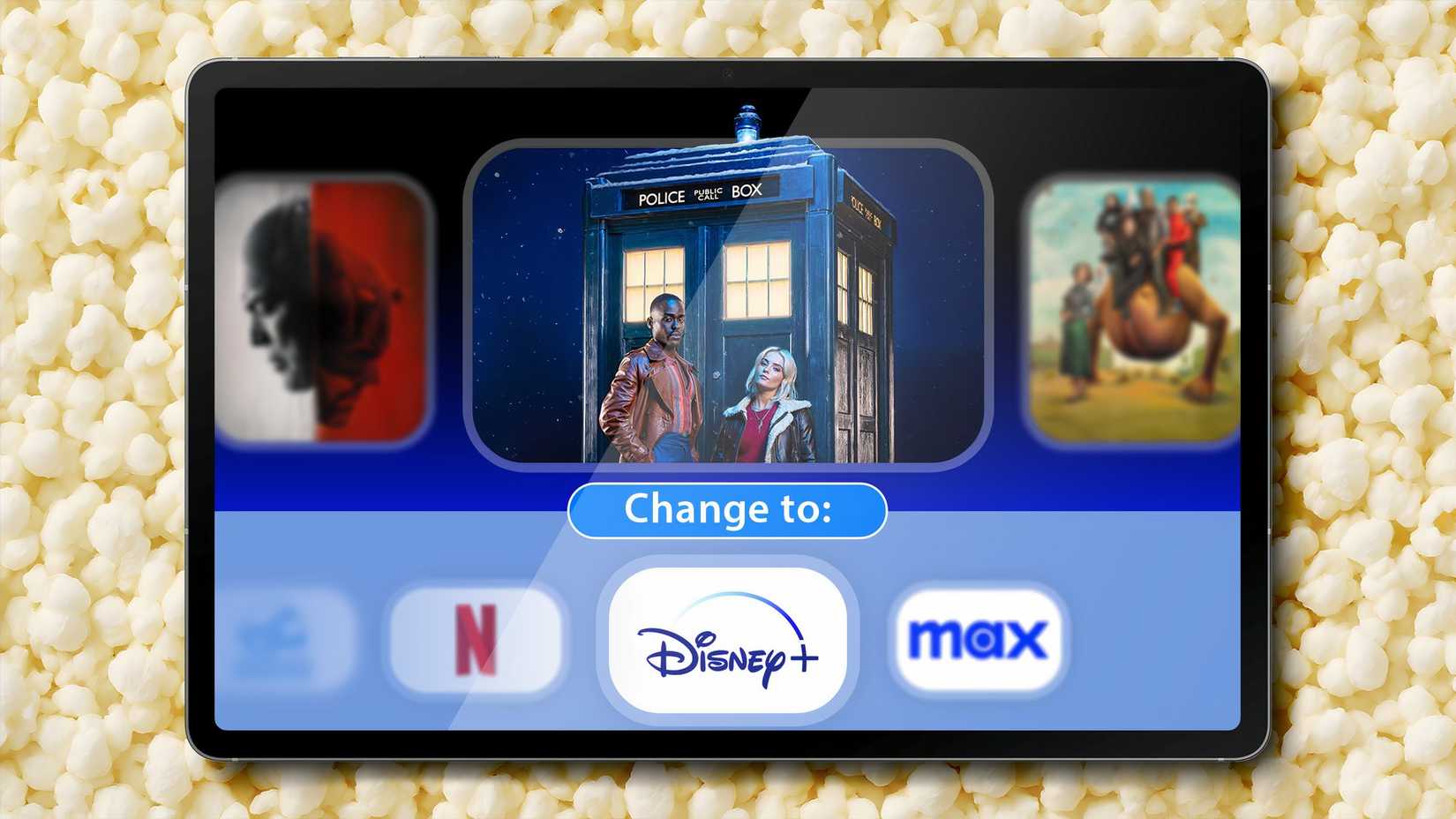 A tablet on a surface covered with popcorn, displaying some TV shows that switched streaming services.