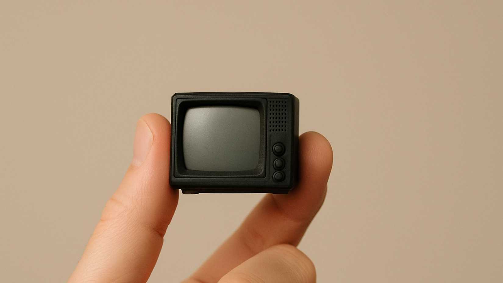 A tiny CRT held betwen the thumb and forefinger of a human hand.