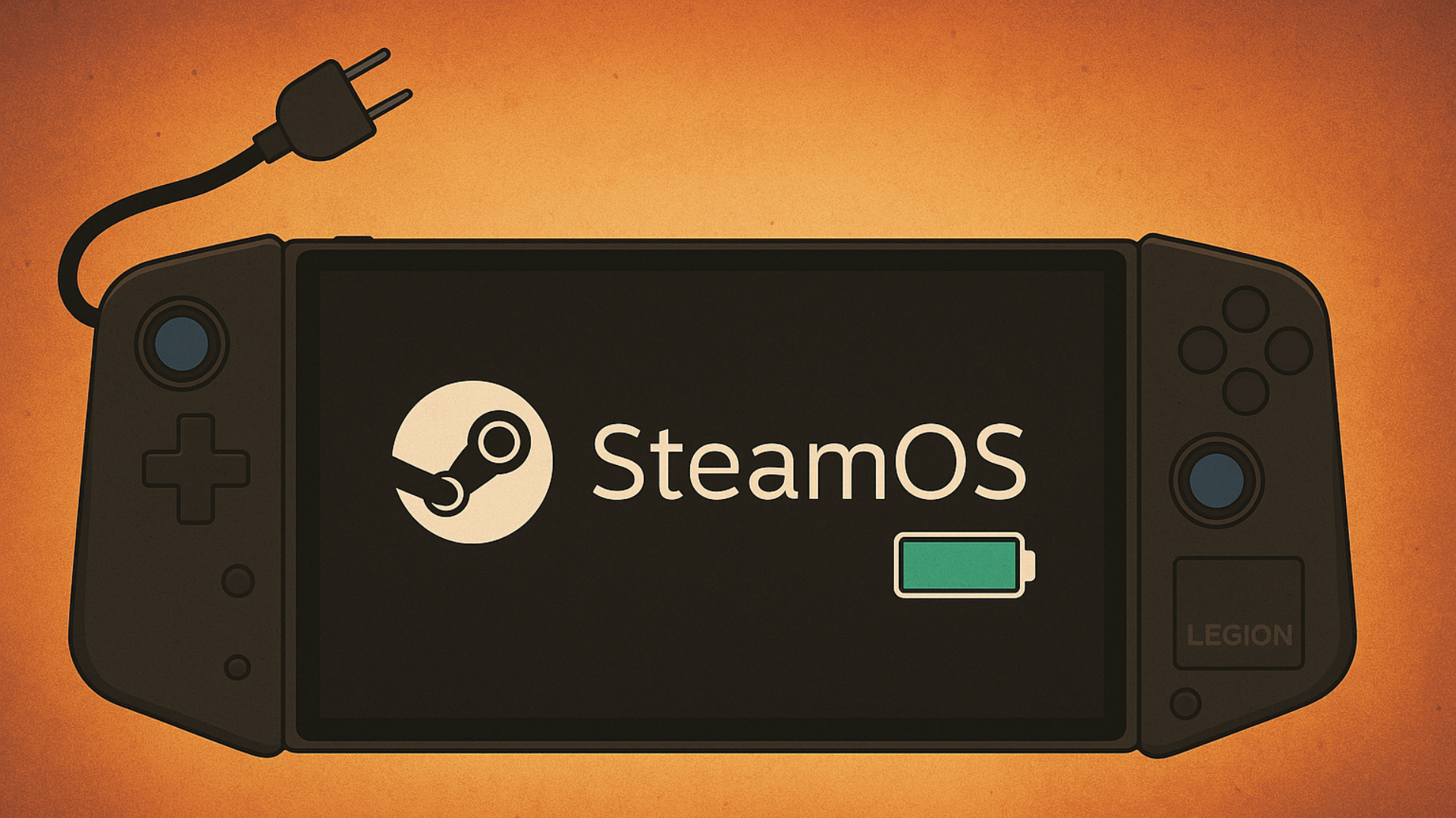 An illustration of a Lenovo Legion Go with a full battery icon unplugged from the wall.