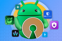 Android mascot holding the open-source icon with some app logos around it.