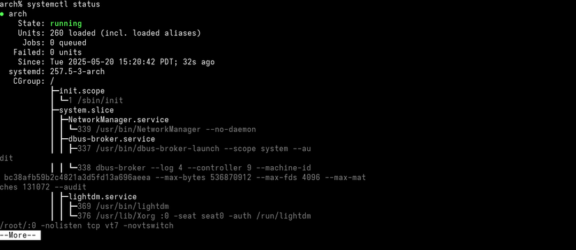 output of "system status" command in the Arch Linux terminal.