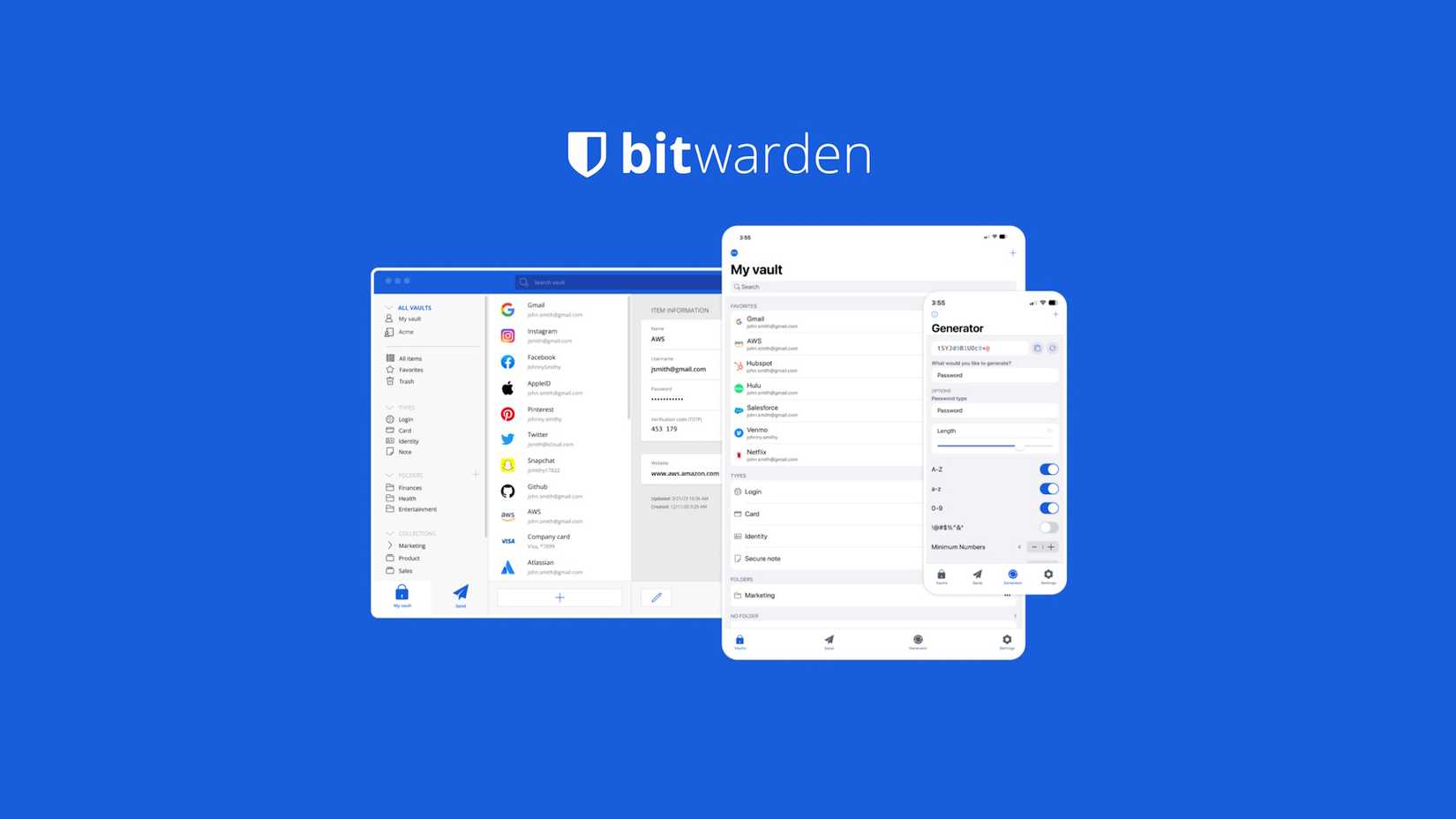 Bitwarden's password management interface on a desktop, iPad, and phone set on a blue background.