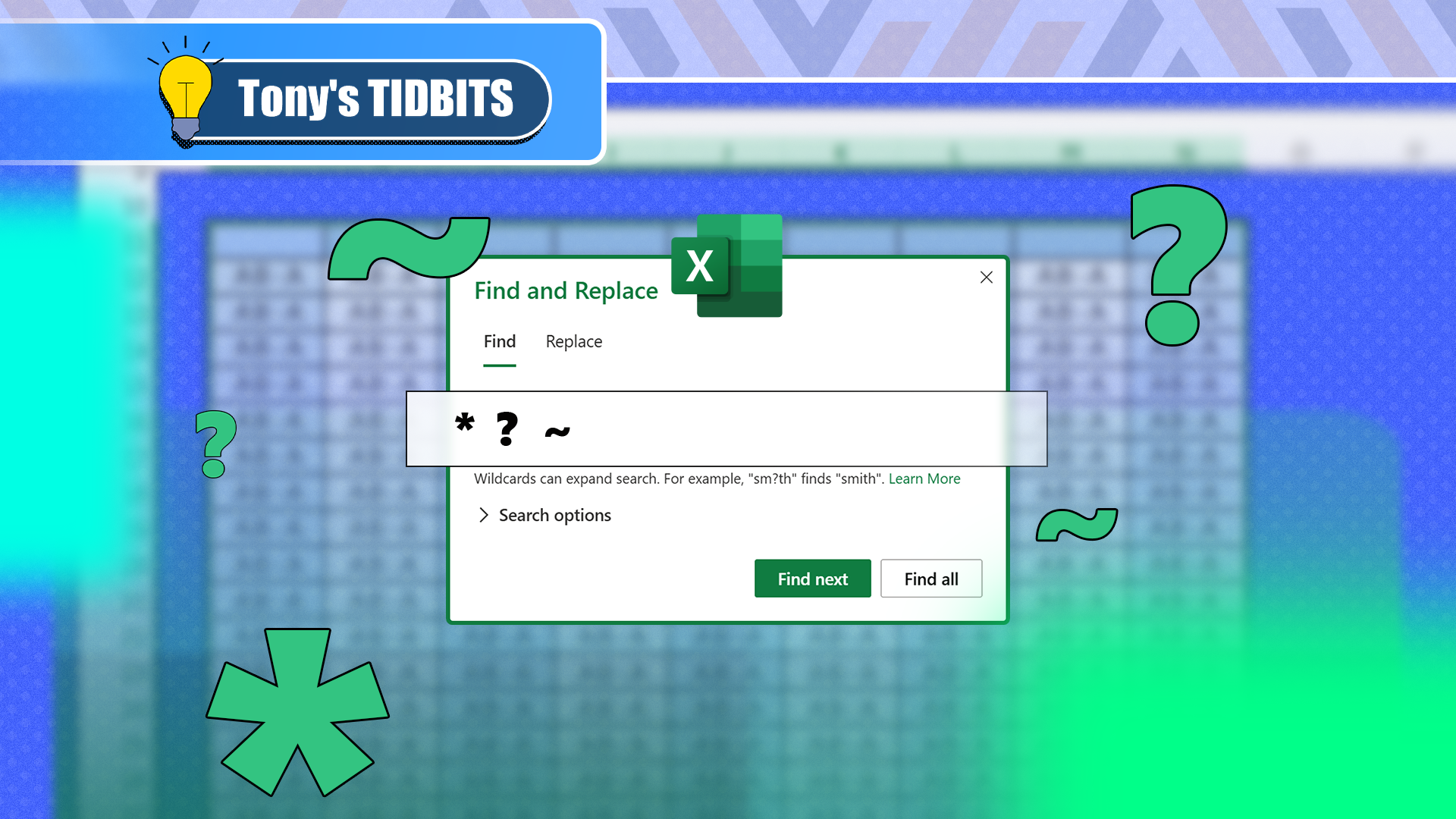 Excel's Find and Replace dialog box with wildcards around it.