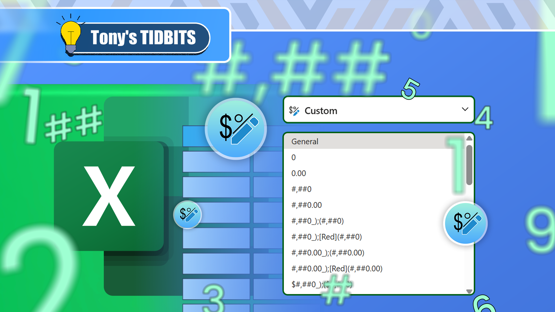Excel interface with custom formatting, numbers around the screen and the Excel logo on the left.