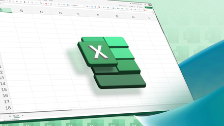 Excel logo in front of an empty spreadsheet.