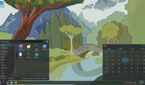 Fedora KDE Plasma Application Meny and Calendar widget in panel.