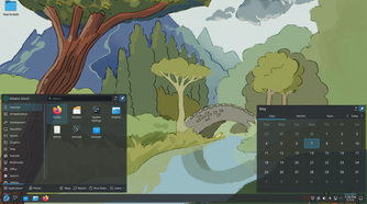 Fedora KDE Plasma Application Meny and Calendar widget in panel.