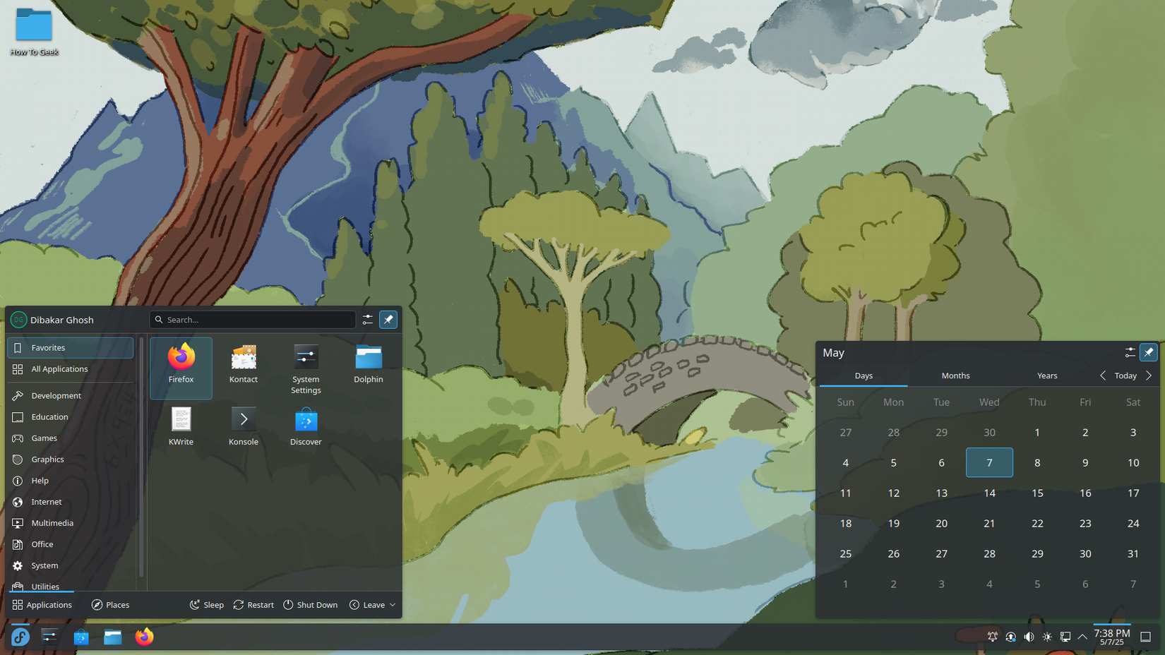 Fedora KDE Plasma Application Meny and Calendar widget in panel.
