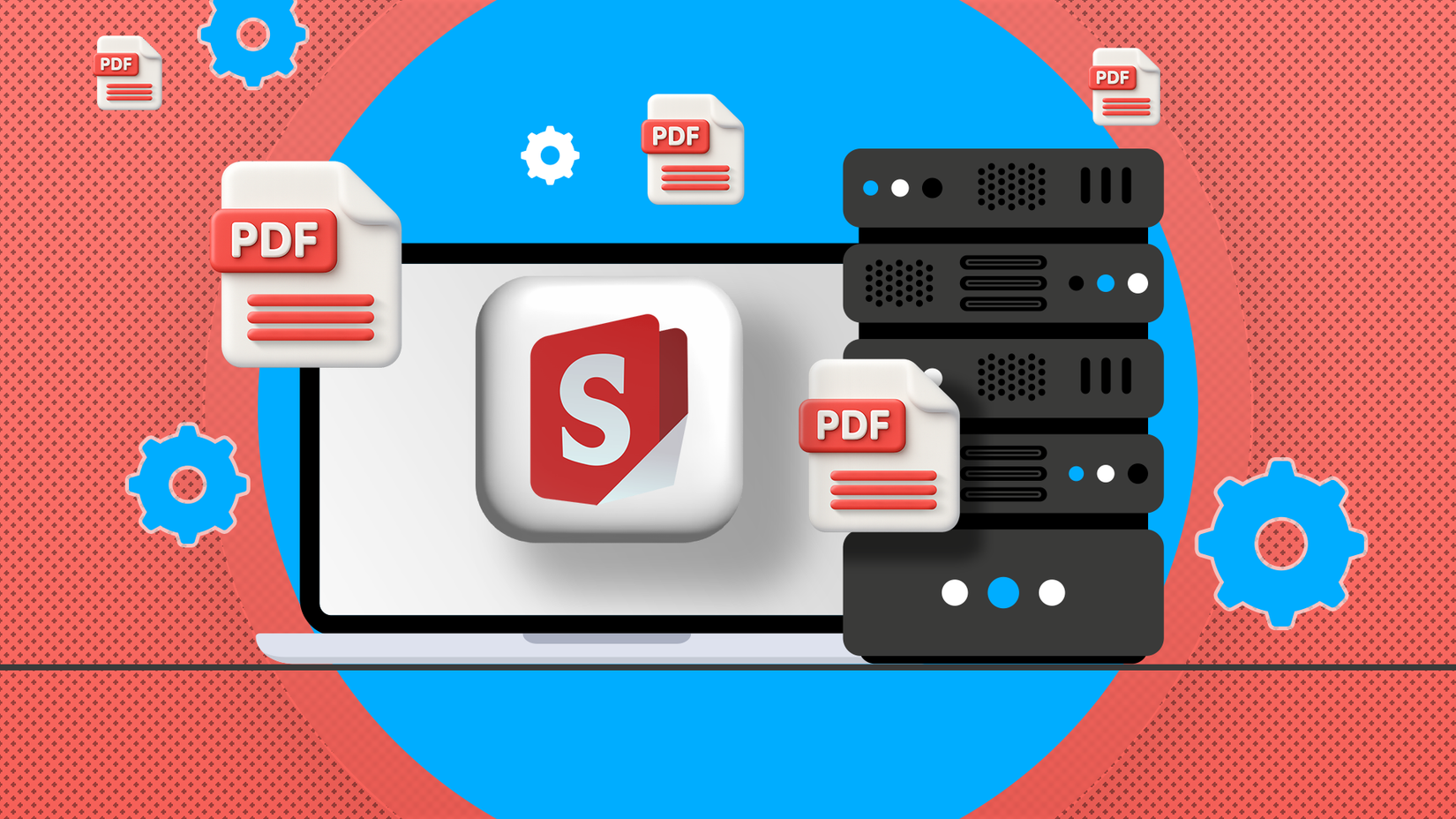Explanation of a server with the Stirling-PDF logo and many PDF icons around it.