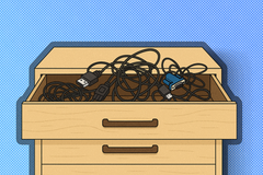 Illustration of a wooden dresser with an open drawer full of tangled cables.