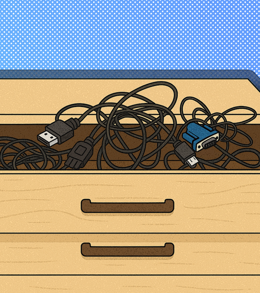 Illustration of a wooden dresser with an open drawer full of tangled cables.