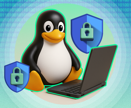 Linux mascot sitting next to a laptop with a security shield beside it.