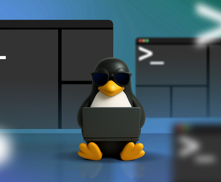 Linux mascot using a laptop with some multiplexer terminals around it.