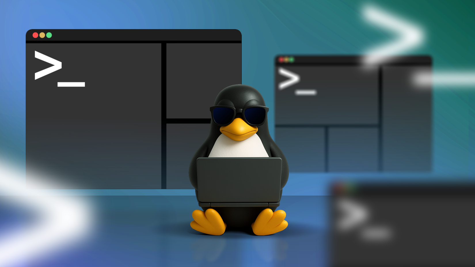 Linux-маскот за ноутбуком, вокруг терминалы.