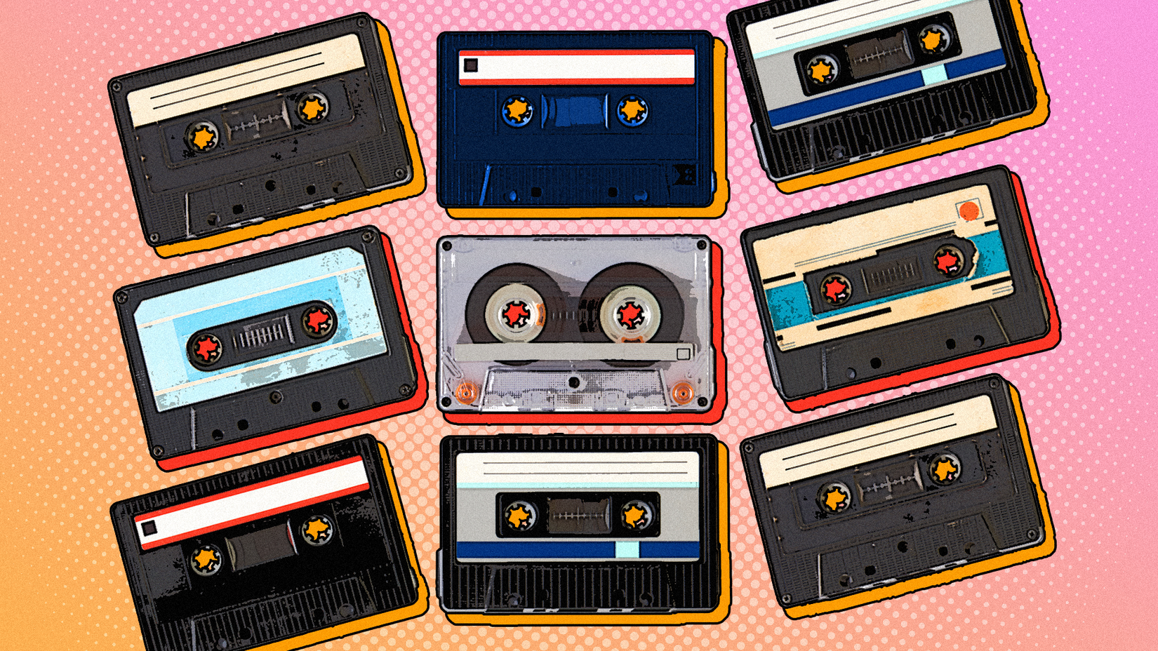 Multiple cassettes side by side in a retro style.