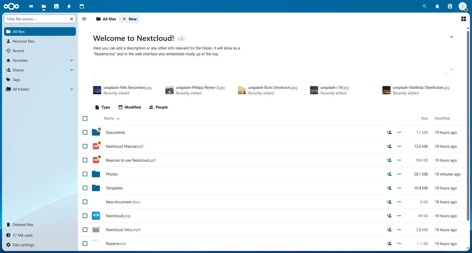 A interface de armazenamento de arquivos Nextcloud.