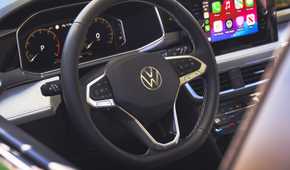 Close up of the steering wheel in a 2025 Volkswagen Taos