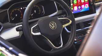 Close up of the steering wheel in a 2025 Volkswagen Taos