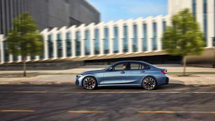 Side profile action shot of a 2025 BMW 3-Series