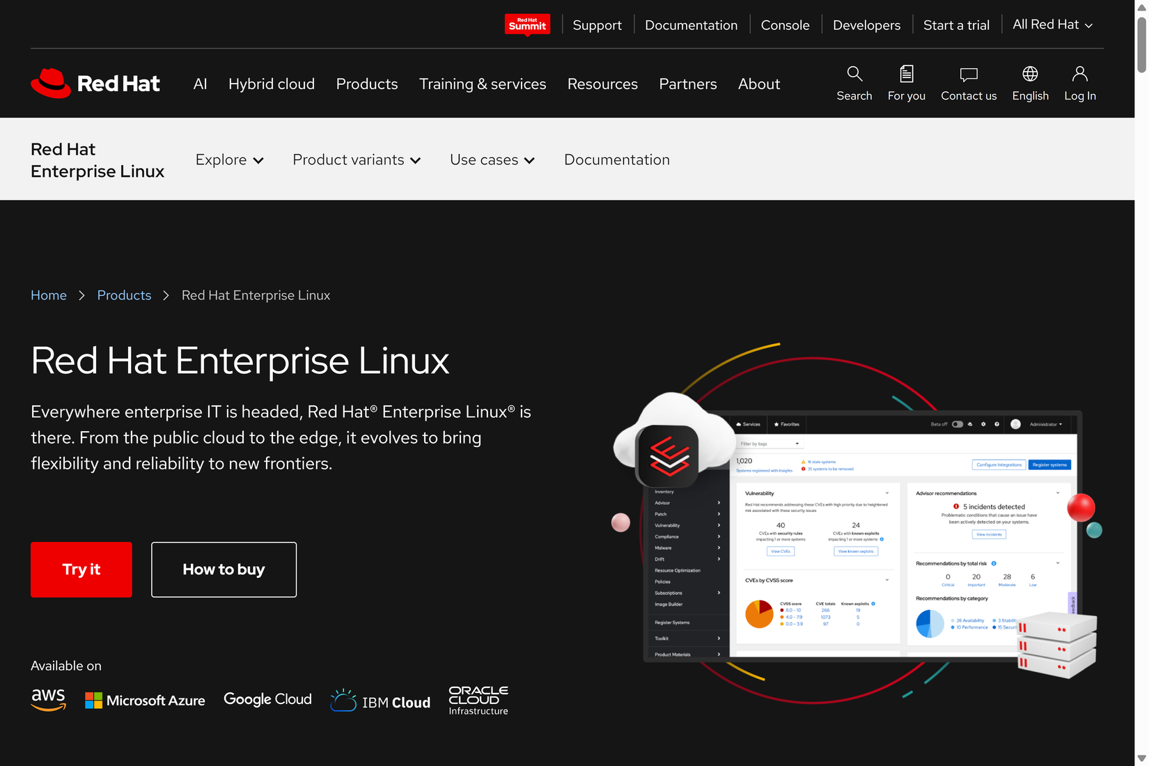 The RED Hat Enterprise Linux website open to the homepage.